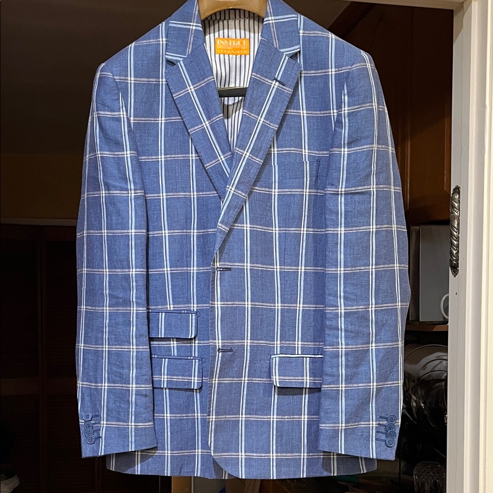 Men's Blue Linen Blend Waistcoat & Windowpane Blazer Set - Picture 3 of 7